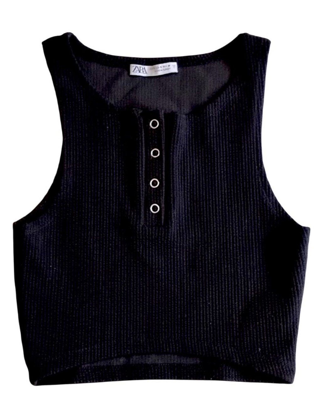 Zara Stretch Henley Sleeveless Crop Top S Black